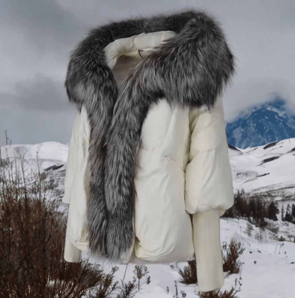 Kurtka z futrem puchowa damska biała srebrny lis naturalny,VALENTINA - LEU