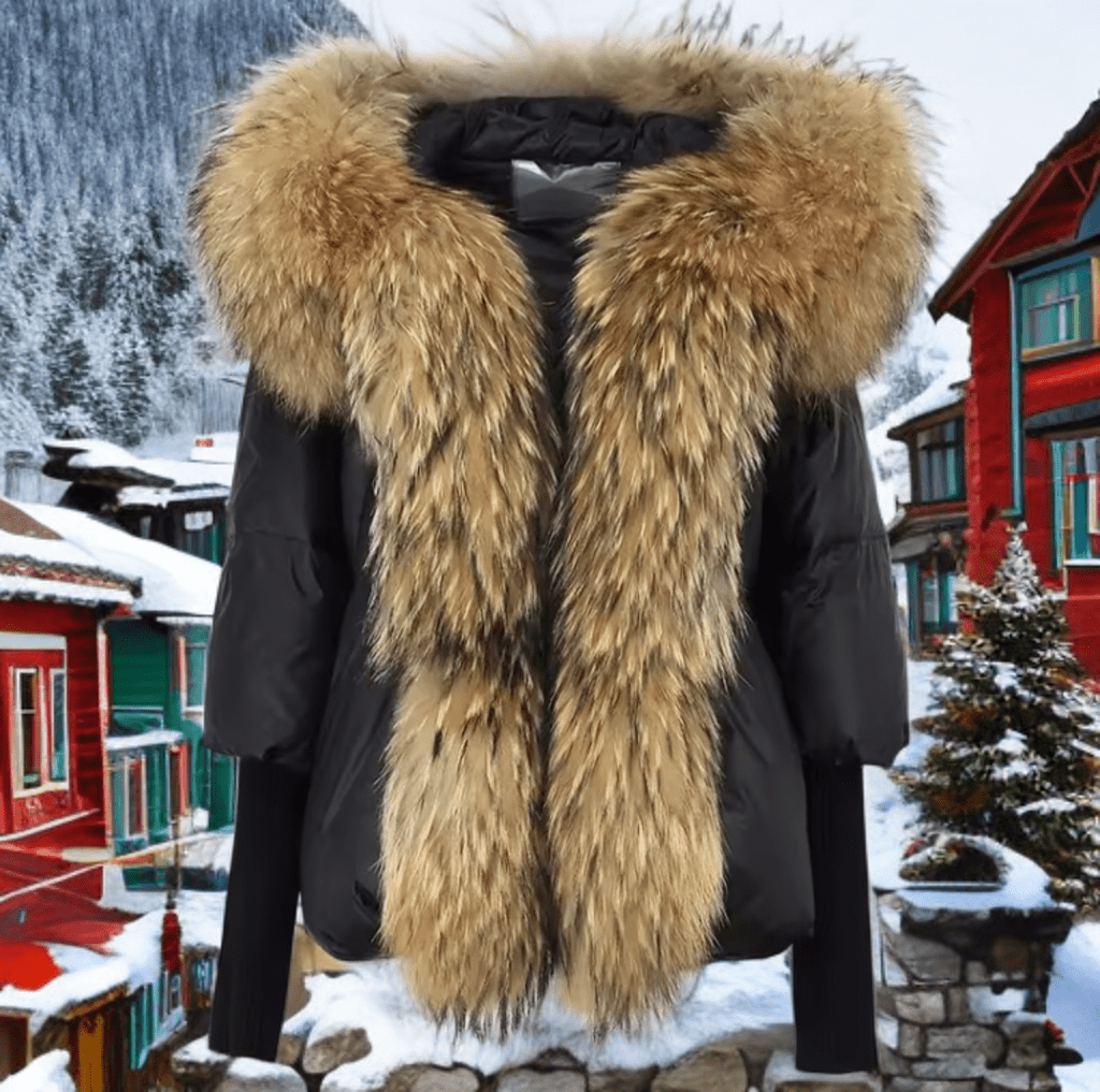 Kurtka z futrem puchowa damska czarna jenot naturalny,VALENTINA - LEU