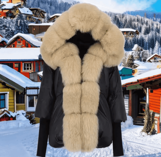 Kurtka z futrem puchowa damska czarna lis naturalny beż, VALENTINA - LEU