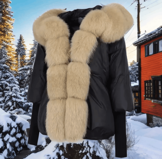 Kurtka z futrem puchowa damska czarna lis naturalny beż, VALENTINA - LEU