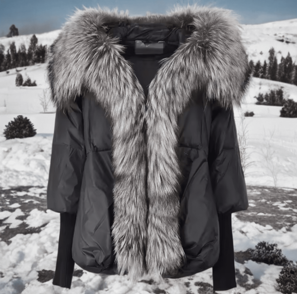 Kurtka z futrem puchowa damska czarna lis naturalny srebrny,VALENTINA - LEU