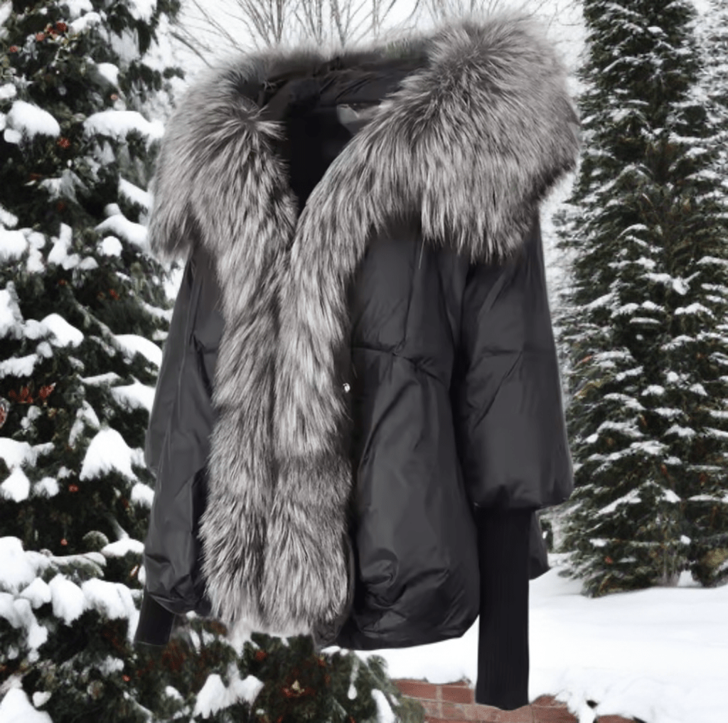 Kurtka z futrem puchowa damska czarna lis naturalny srebrny,VALENTINA - LEU