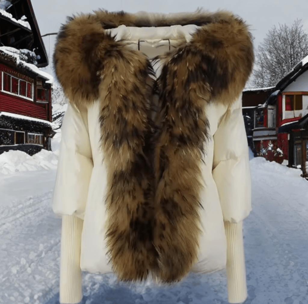 Kurtka z futrem puchowa damska ekru jenot naturalny,VALENTINA - LEU