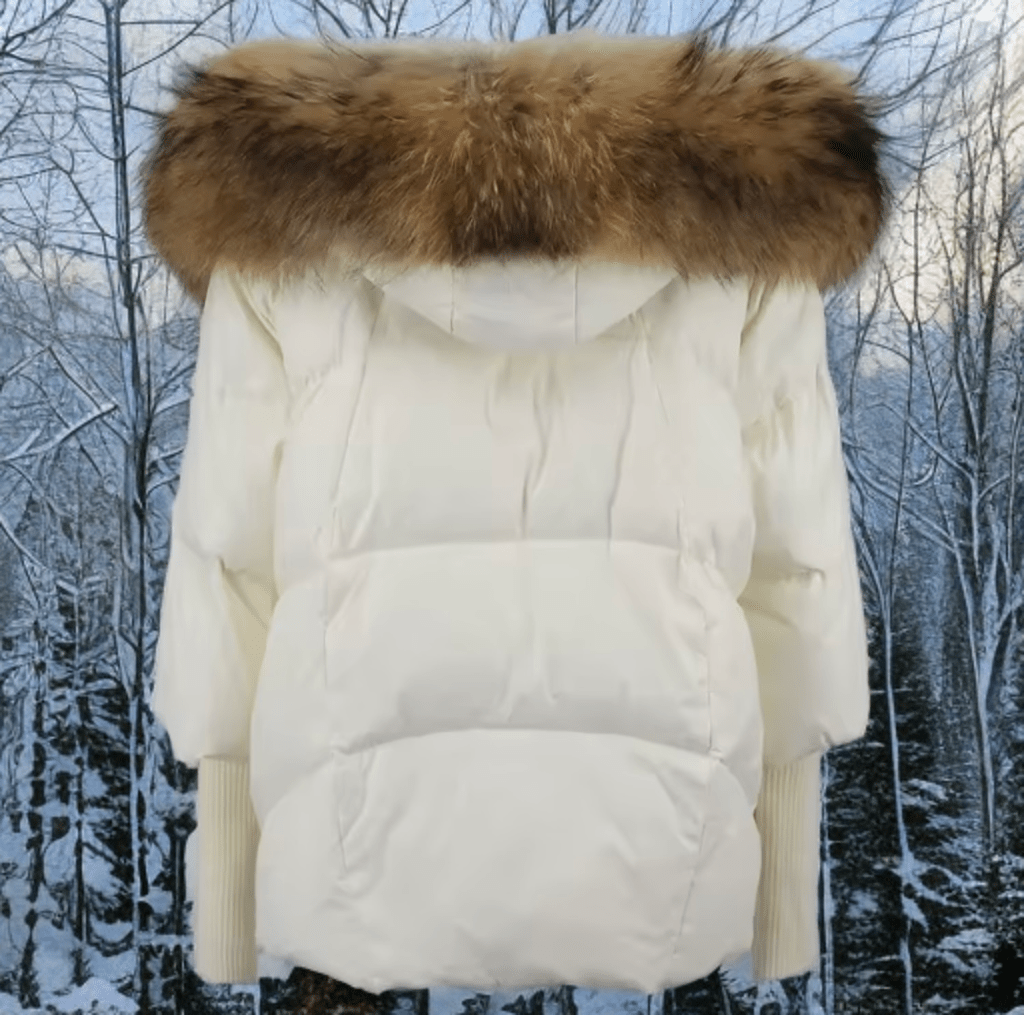 Kurtka z futrem puchowa damska ekru jenot naturalny,VALENTINA - LEU