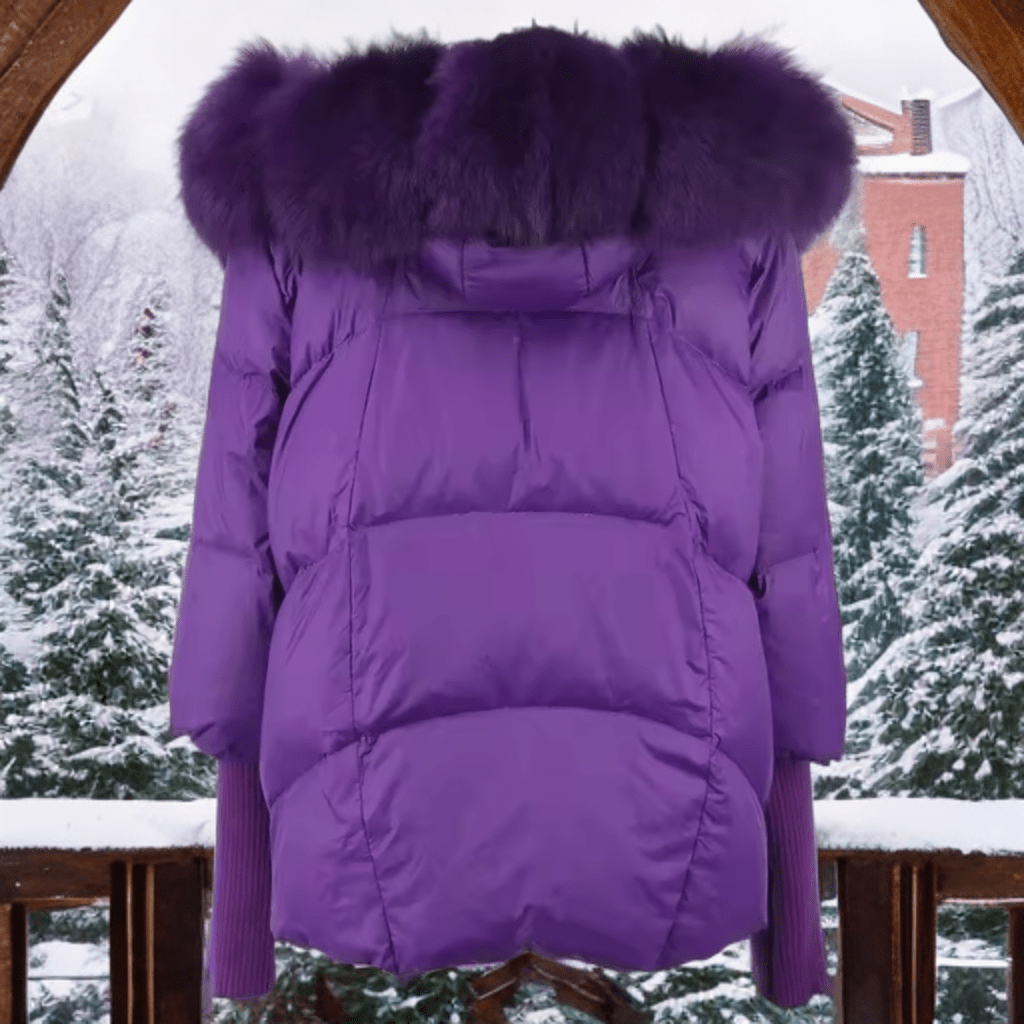 Kurtka z futrem puchowa damska fioletowa lis naturalny fioletowy,VALENTINA - LEU