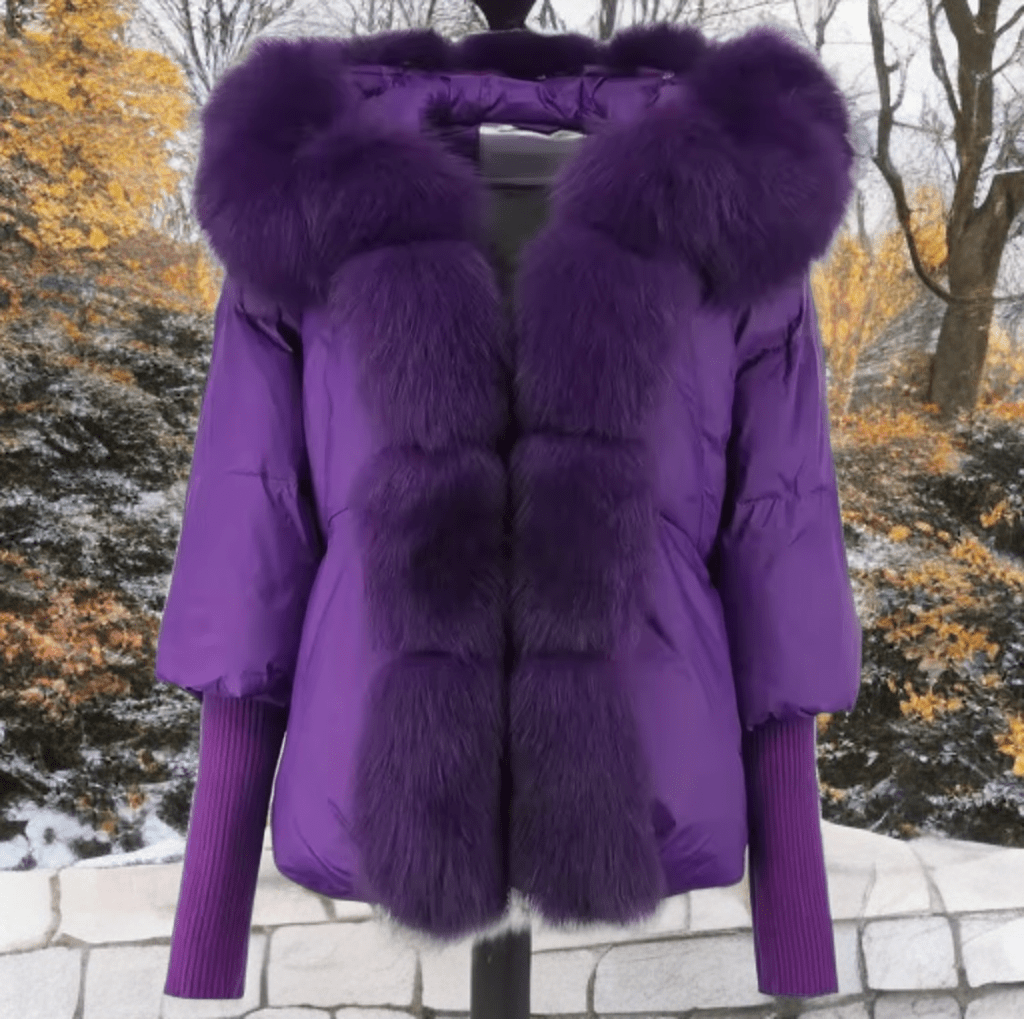Kurtka z futrem puchowa damska fioletowa lis naturalny fioletowy,VALENTINA - LEU