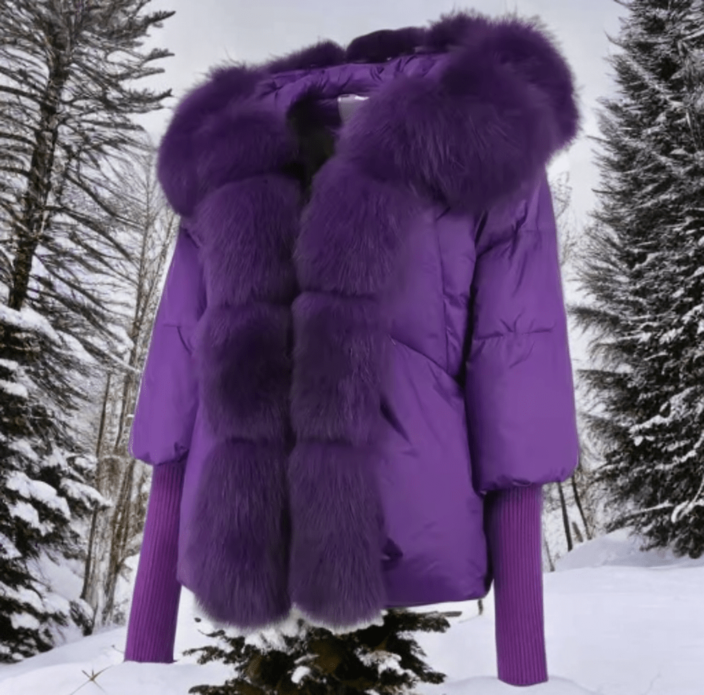 Kurtka z futrem puchowa damska fioletowa lis naturalny fioletowy,VALENTINA - LEU