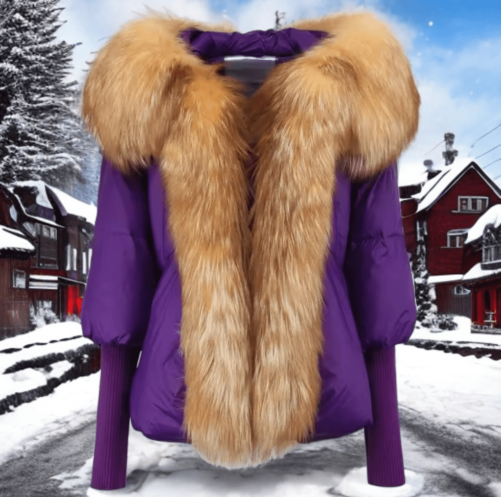 Kurtka z futrem puchowa damska fioletowa rudy lis naturalny,VALENTINA - LEU
