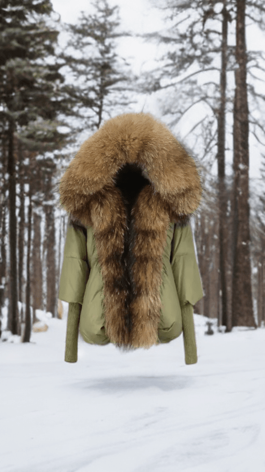 Kurtka z futrem puchowa damska khaki jenot naturalny,VALENTINA - LEU