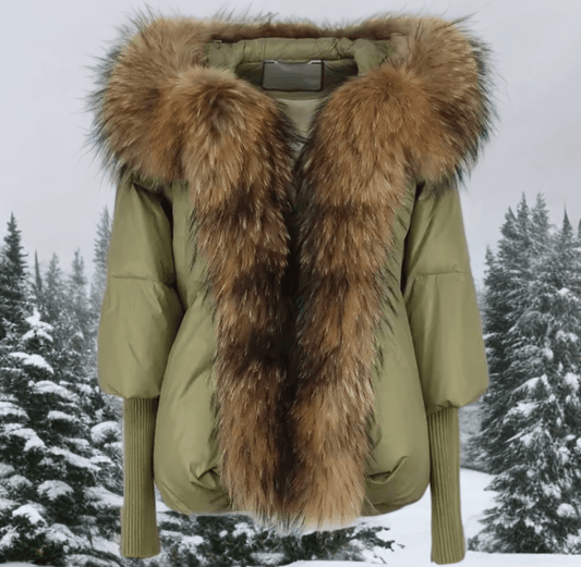 Kurtka z futrem puchowa damska khaki jenot naturalny,VALENTINA - LEU