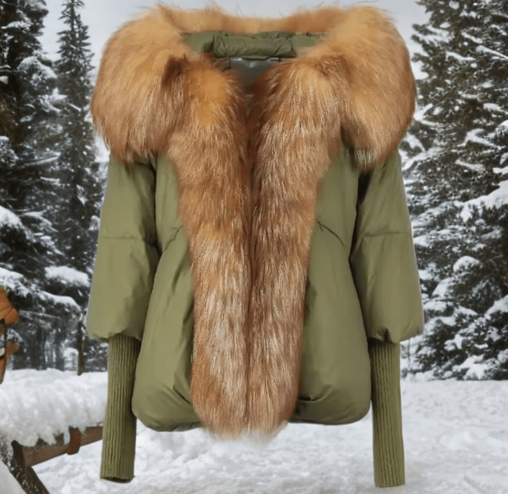 Kurtka z futrem puchowa damska khaki lis naturalny rudy,VALENTINA - LEU