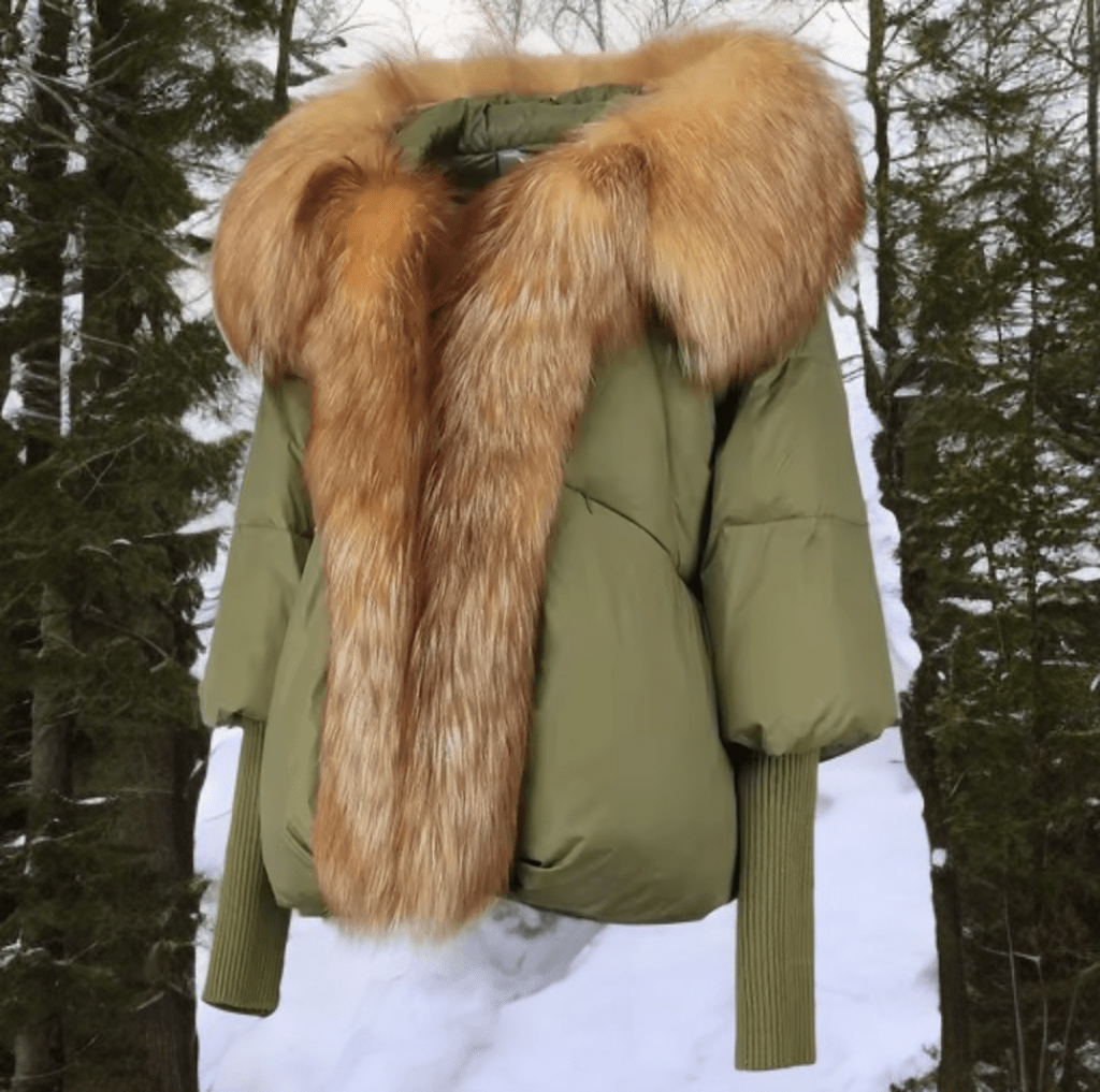 Kurtka z futrem puchowa damska khaki lis naturalny rudy,VALENTINA - LEU