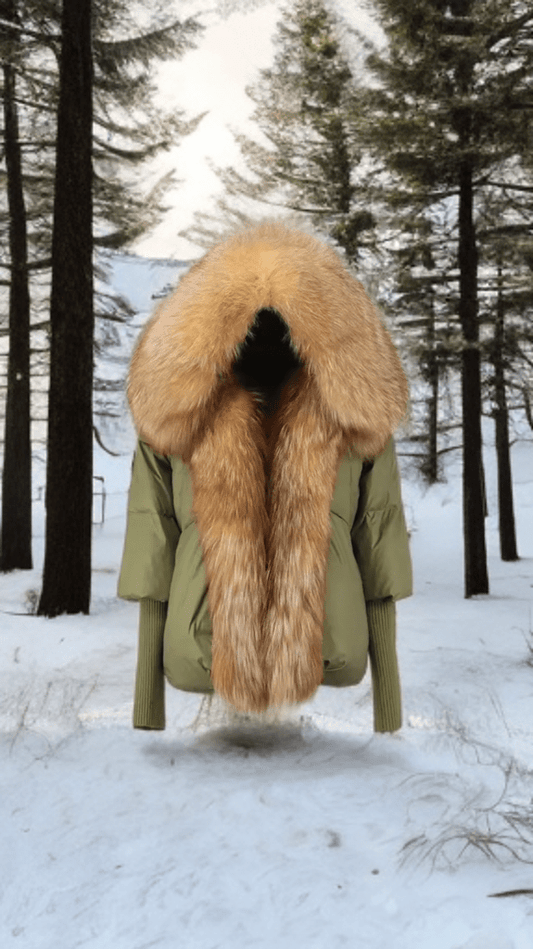Kurtka z futrem puchowa damska khaki lis naturalny rudy,VALENTINA - LEU