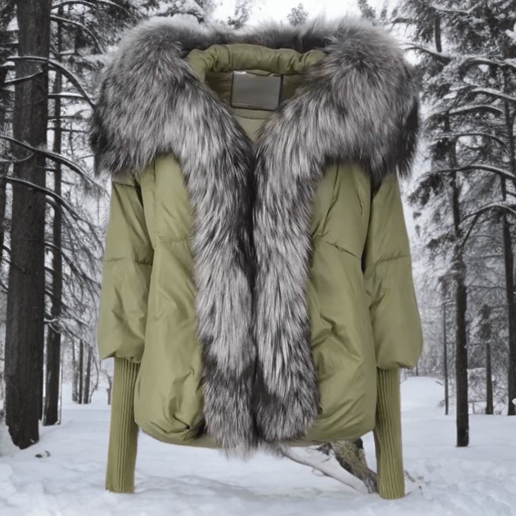 Kurtka z futrem puchowa damska khaki lis naturalny srebrny,VALENTINA - LEU