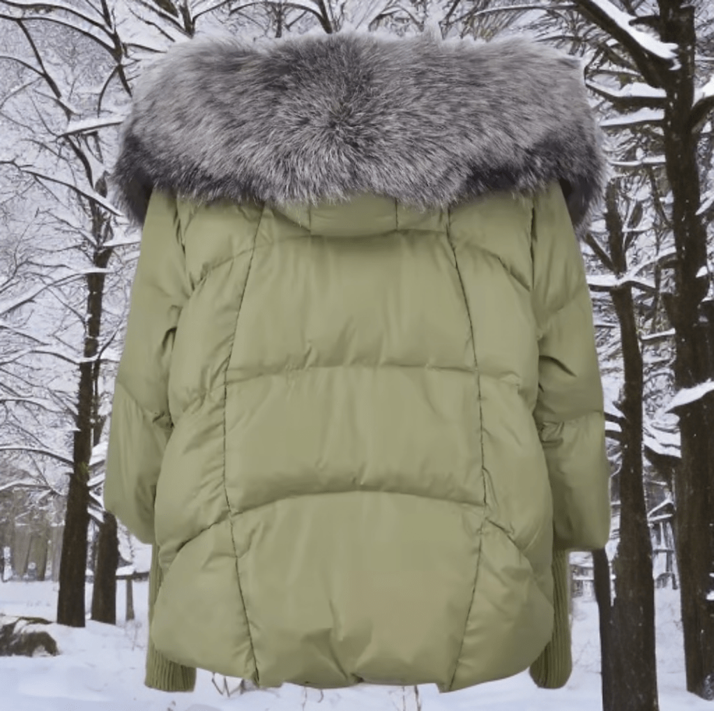 Kurtka z futrem puchowa damska khaki lis naturalny srebrny,VALENTINA - LEU