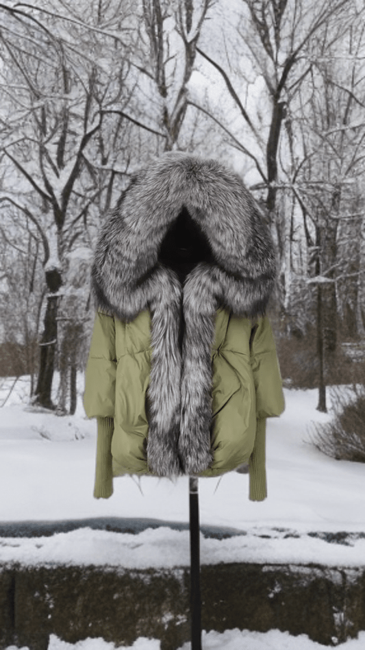 Kurtka z futrem puchowa damska khaki lis naturalny srebrny,VALENTINA - LEU