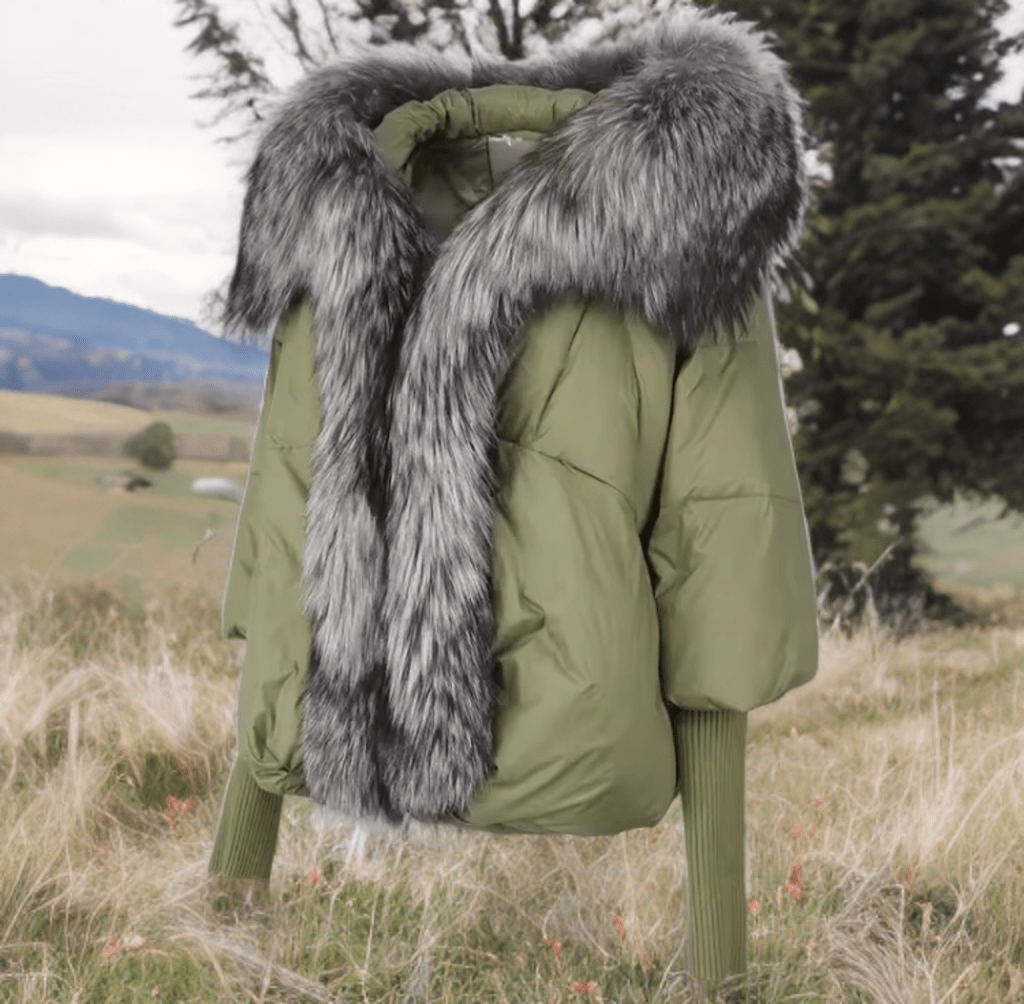 Kurtka z futrem puchowa damska khaki lis naturalny srebrny,VALENTINA - LEU