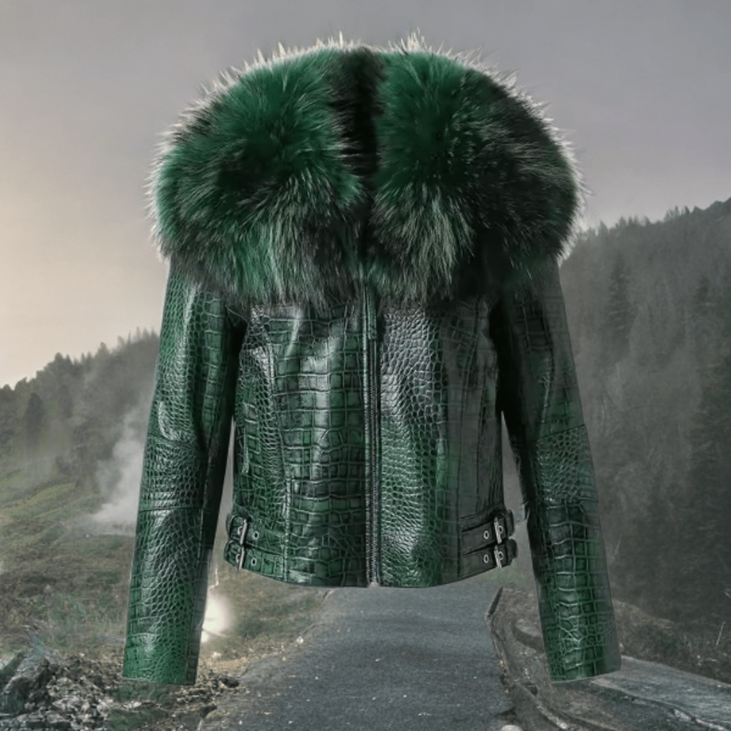 Kurtka z futrem skórzana damska zielona,ISANA - LEU