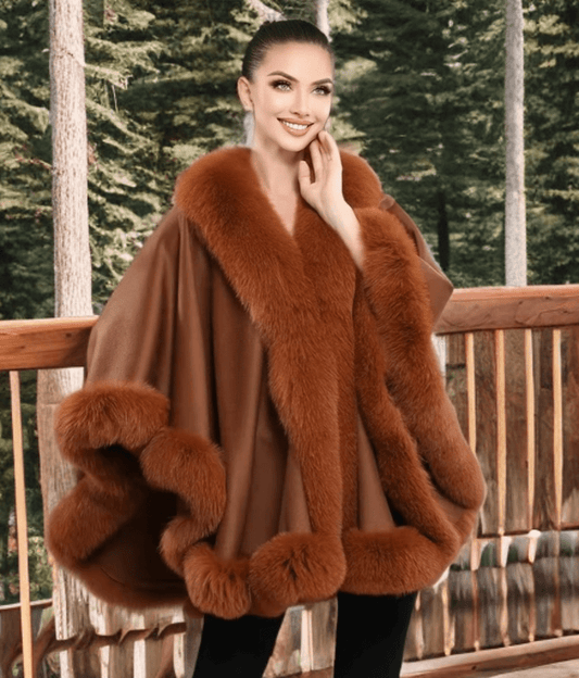 Płaszcz z lisa futrzane ponczo z lisem oversize brązowe, GALA - LEU