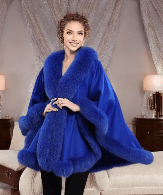 Płaszcz z lisa futrzane ponczo z lisem oversize chabrowy, GALA - LEU