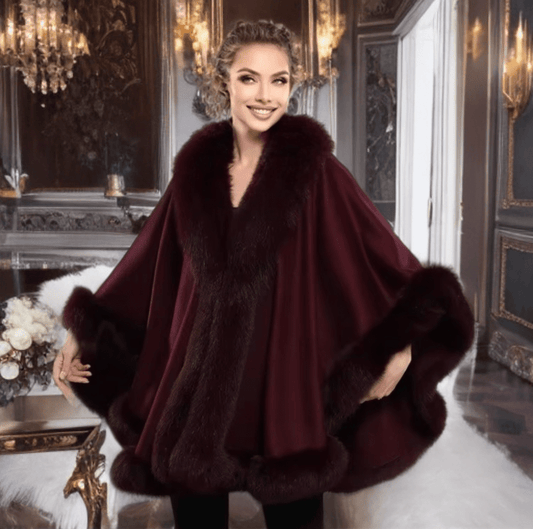 Płaszcz z lisa futrzane ponczo z lisem oversize ciemny bordowy, GALA - LEU