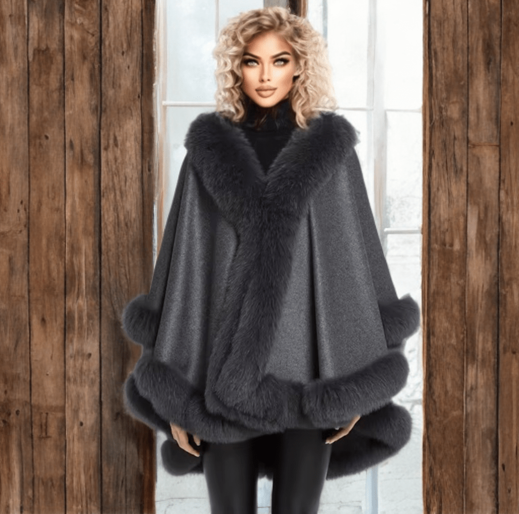 Płaszcz z lisa futrzane ponczo z lisem oversize ciemny popiel, GALA - LEU