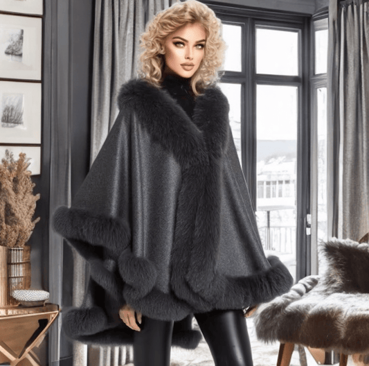Płaszcz z lisa futrzane ponczo z lisem oversize ciemny popiel, GALA - LEU