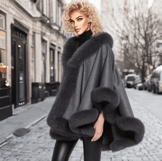 Płaszcz z lisa futrzane ponczo z lisem oversize ciemny popiel, GALA - LEU