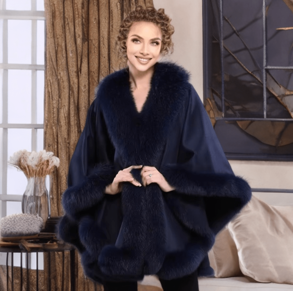 Płaszcz z lisa futrzane ponczo z lisem oversize granatowy, GALA - LEU
