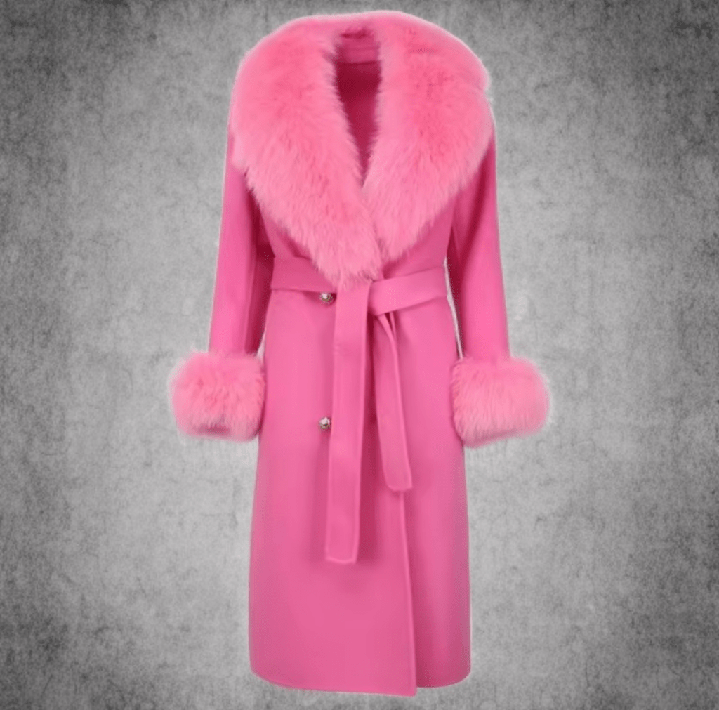 Płaszcz z lisem damski wełniany różowy CAMILLA - LEU