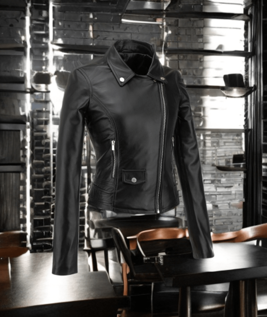 Ramoneska skórzana damska czarna, MOTOCYKLOWA - LEU