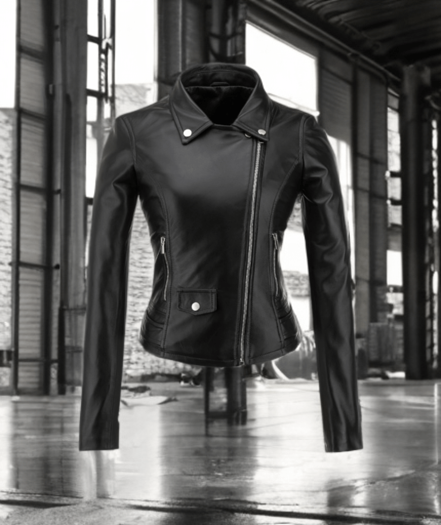 Ramoneska skórzana damska czarna, MOTOCYKLOWA - LEU