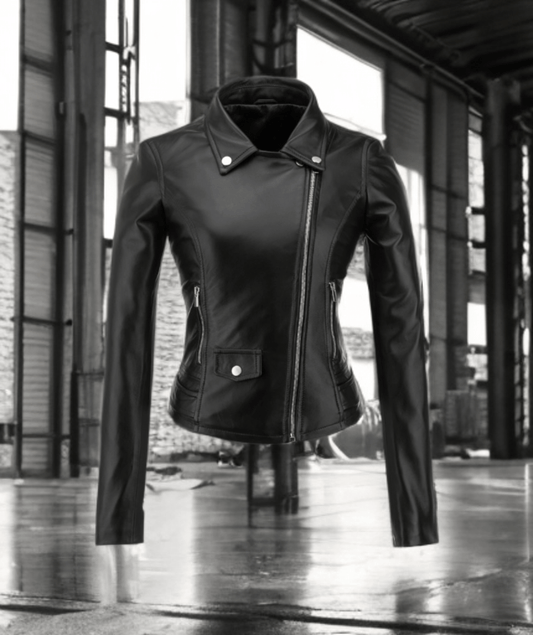 Ramoneska skórzana damska czarna, MOTOCYKLOWA - LEU