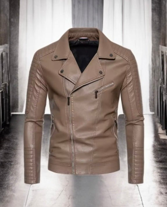 Ramoneska skórzana męska ze skóry ekologicznej mokka, R-1-LEU. Ramoneska skórzana męska wiosenna, jesienna, przejściowa.