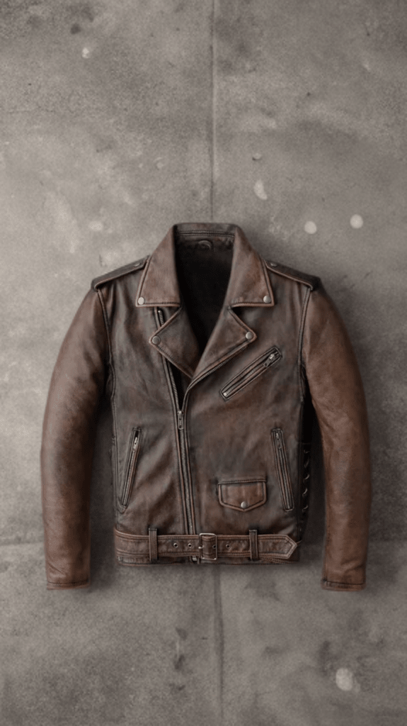 Ramoneska skórzana męska ze skóry naturalnej brązowa, PIOTR - LEU