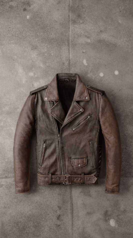 Ramoneska skórzana męska ze skóry naturalnej brązowa, PIOTR - LEU