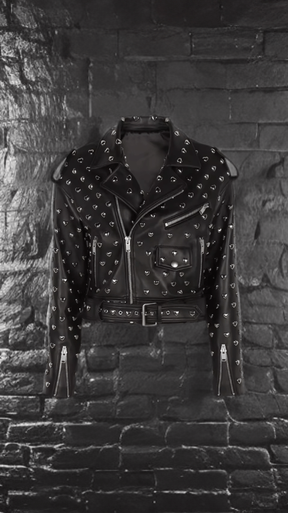 Ramoneska z naturalnej skóry czarna z napami srebrnymi, ASHLEY - LEU