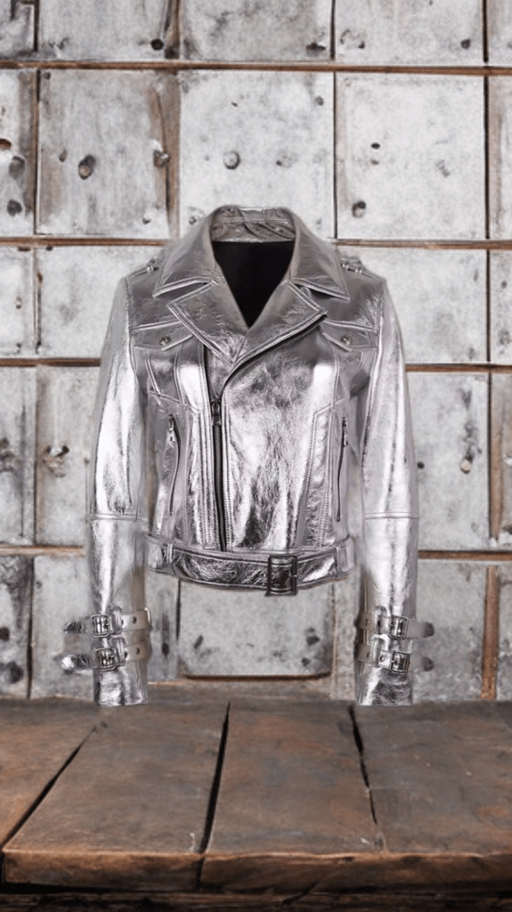 Ramoneska z naturalnej skóry srebrna metaliczna, ALEXANDRA - LEU