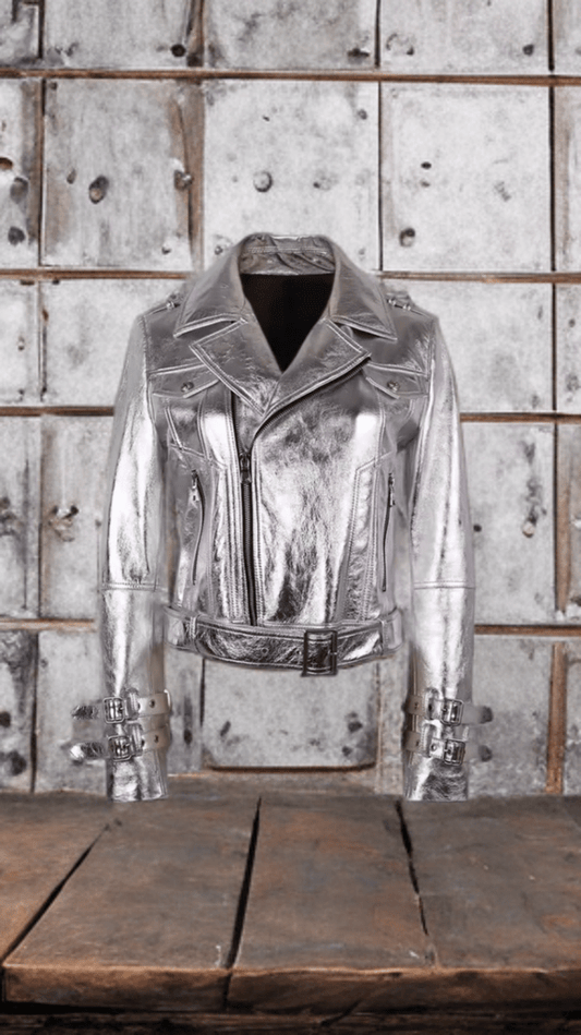 Ramoneska z naturalnej skóry srebrna metaliczna, ALEXANDRA - LEU