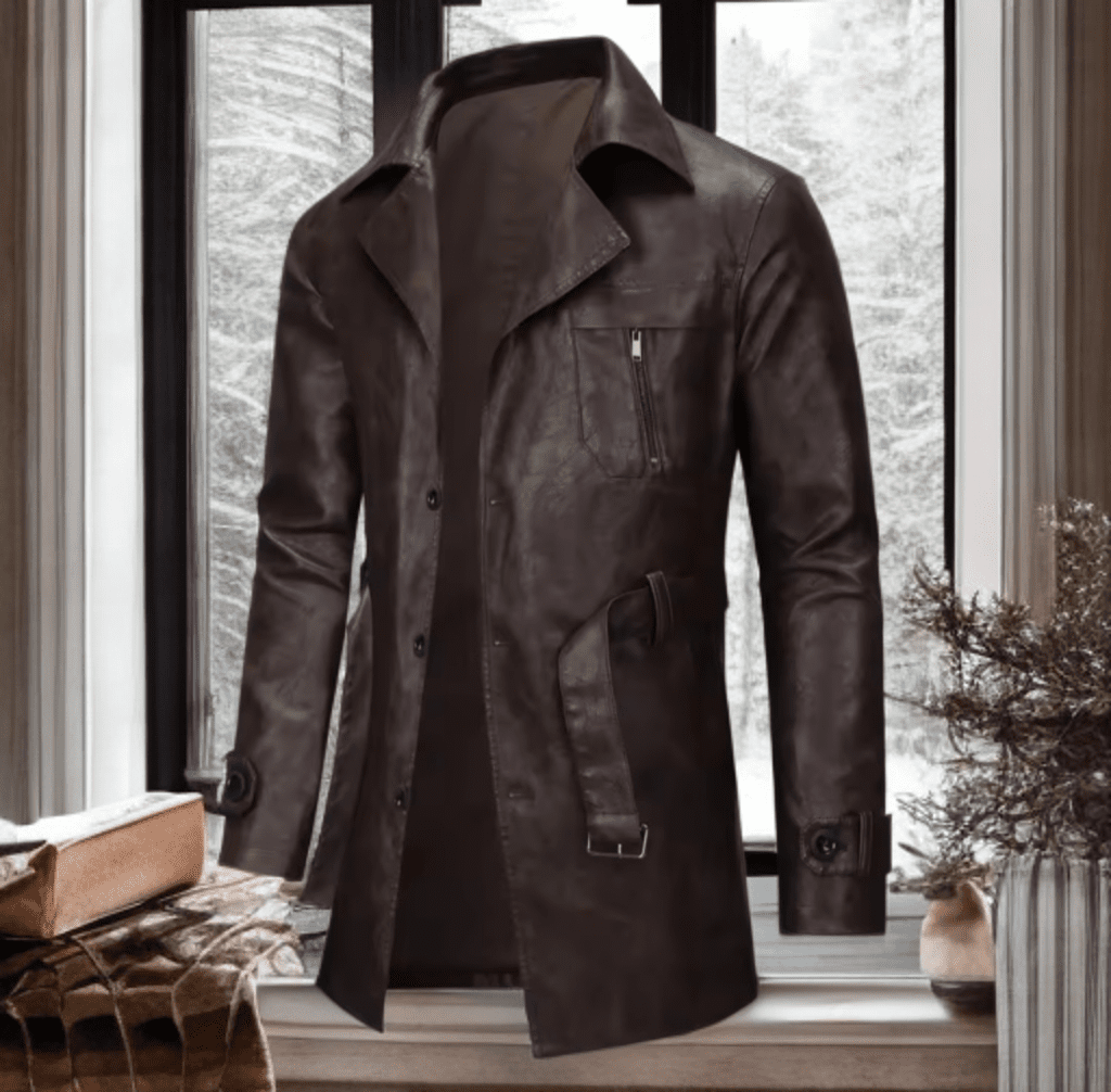 Skórzany płaszcz męski brązowy z paskiem ze skóry eko,P - 2 - LEU