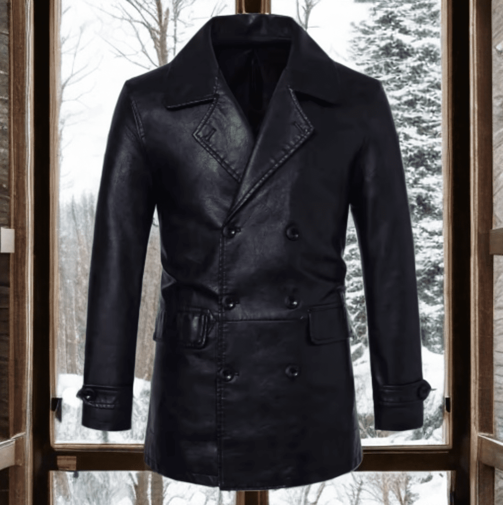 Skórzany płaszcz męski czarny dwurzędowy z eko skóry,P - 1 - LEU