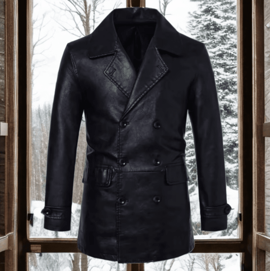 Skórzany płaszcz męski czarny dwurzędowy z eko skóry,P - 1 - LEU