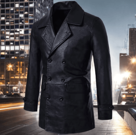 Skórzany płaszcz męski czarny dwurzędowy z eko skóry,P - 1 - LEU