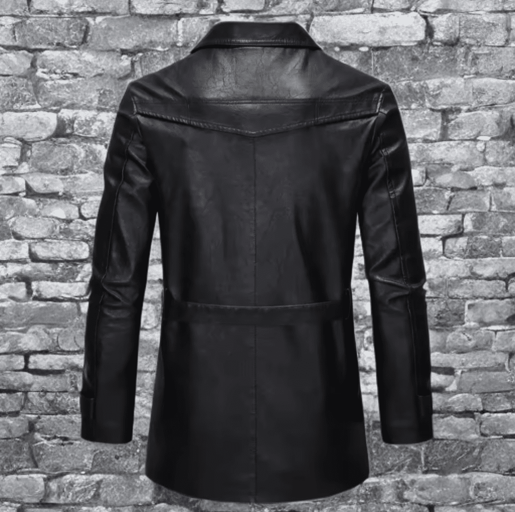 Skórzany płaszcz męski czarny z paskiem ze skóry eko,P - 2 - LEU