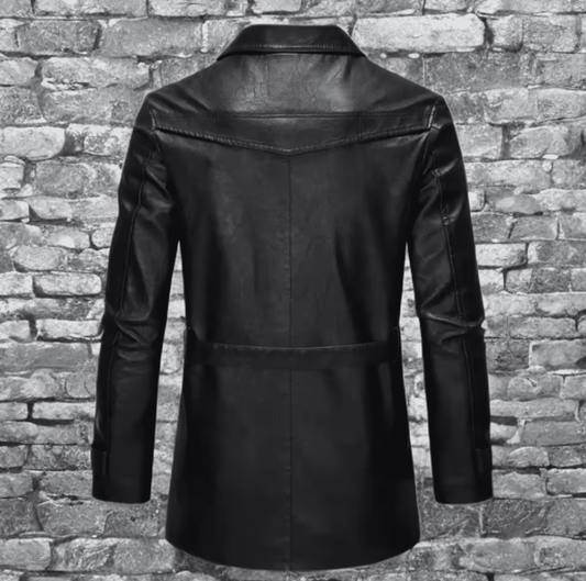 Skórzany płaszcz męski czarny z paskiem ze skóry eko,P - 2 - LEU