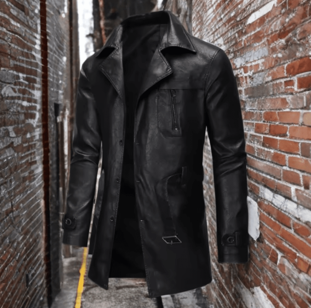Skórzany płaszcz męski czarny z paskiem ze skóry eko,P - 2 - LEU