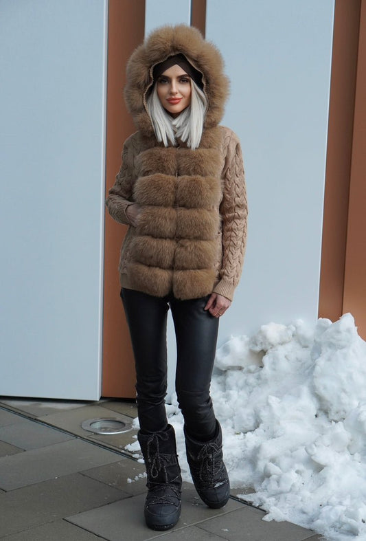 Sweter futrzany z lisem naturalnym carmelowym,carmel - LEU
