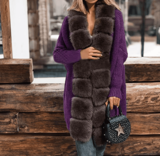 Sweter z lisem naturalnym brązowym,fioletowy - LEU