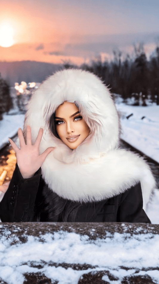 Szalik futrzany z kapturem z lisa,lisem biały,NORA - LEU